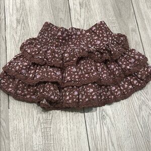 KATIEJ Brown Floral Tiered Skirt with Pink Blossoms